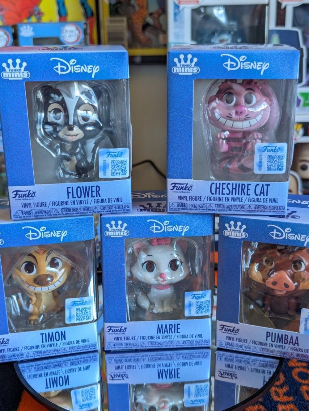 Funko Minis Disney - FULL SET of 5 - Cheshire Cat Marie Flower Timon Pumbaa NEW - Picture 2 of 5
